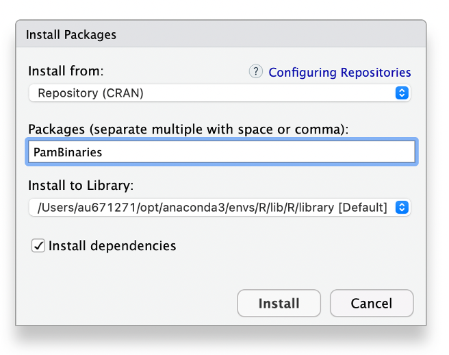 Importing the PAMGuard R PAMBinaries library is very straightforward using the Install packages feature in RStudio